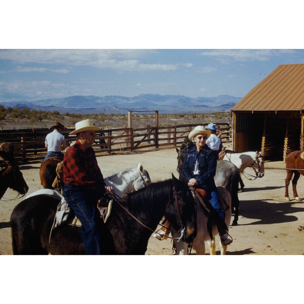 Kodak Slide 1950s Red Border Kodachrome People Riding Horses at Ranch In Arizona
